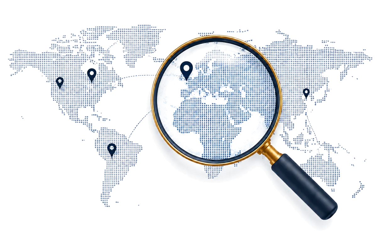 An abstract world map connected by an industry search lens.